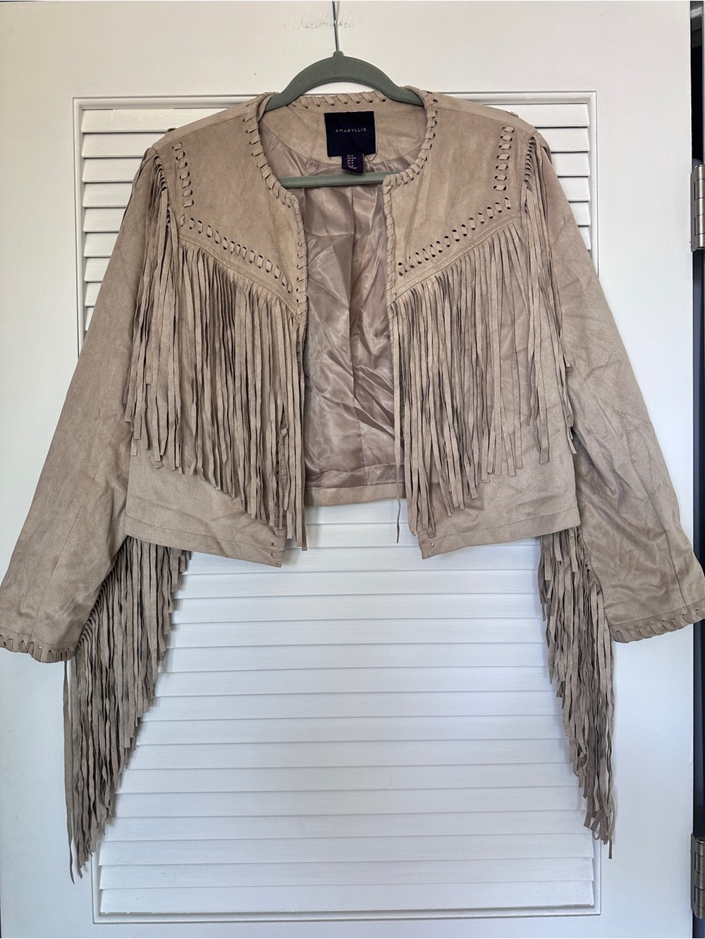 Amaryllis Faux Suede Fringe Jacket Boho Western Open Front Taupe M - Picture 1 of 13